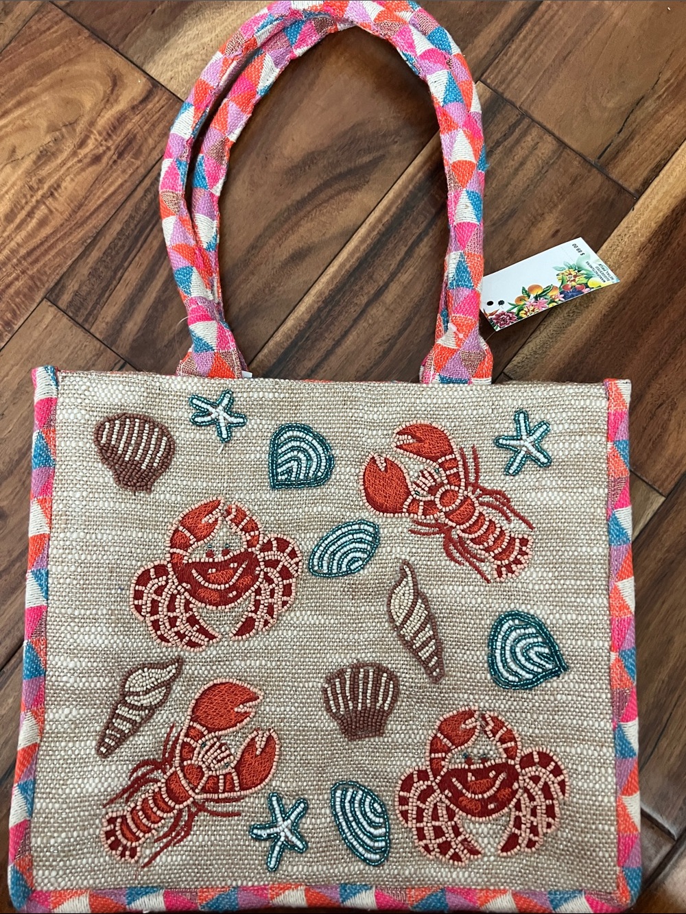 Beach Embroidered Sea Life Tote Bag in Coral & Teal